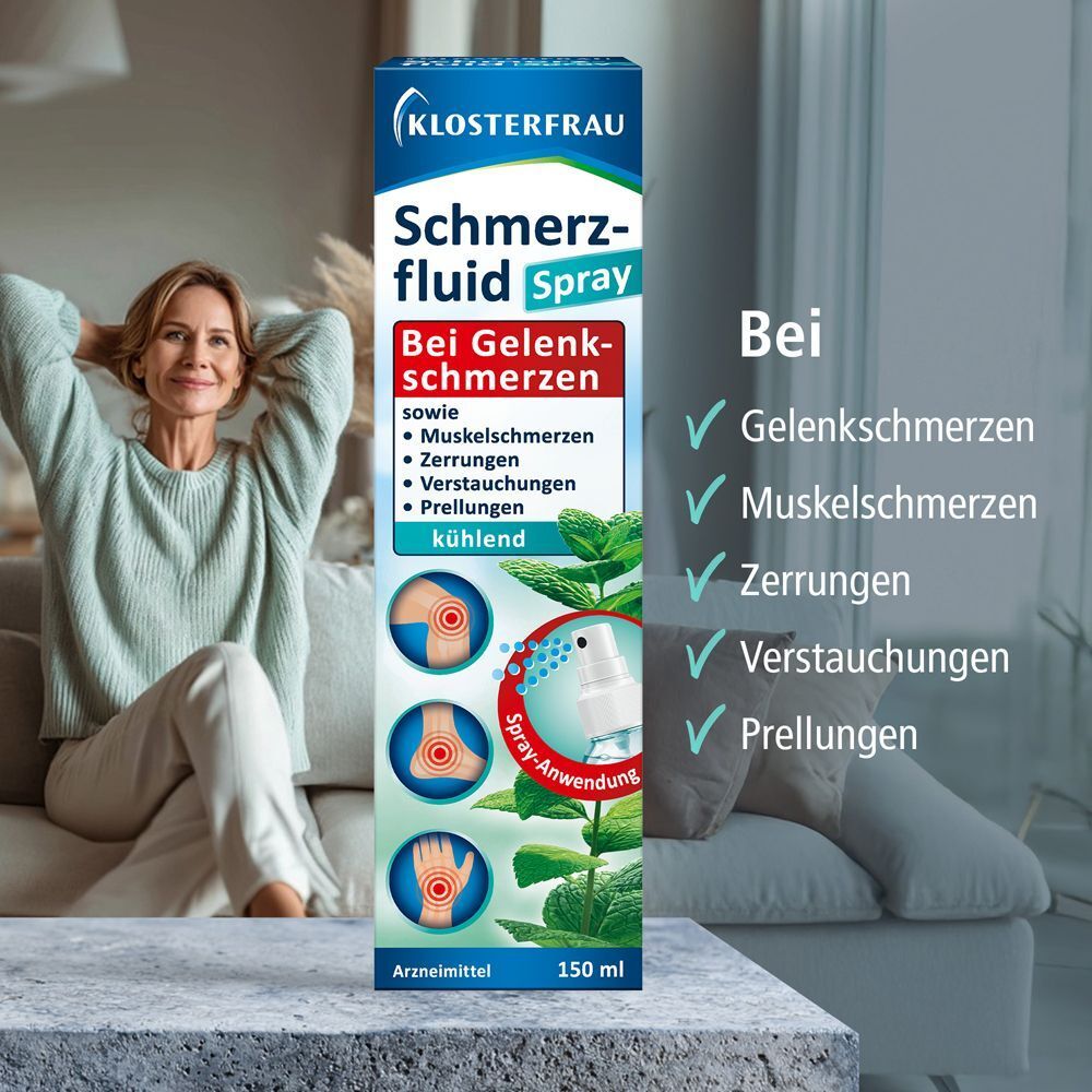 Frau lehnt sich zurück. KLOSTERFRAU Schmerzfluid Spray und Verpackung. Text: Bei Gelenkschmerzen, Muskelschmerzen, Zerrungen, Verstauchungen, Prellungen.