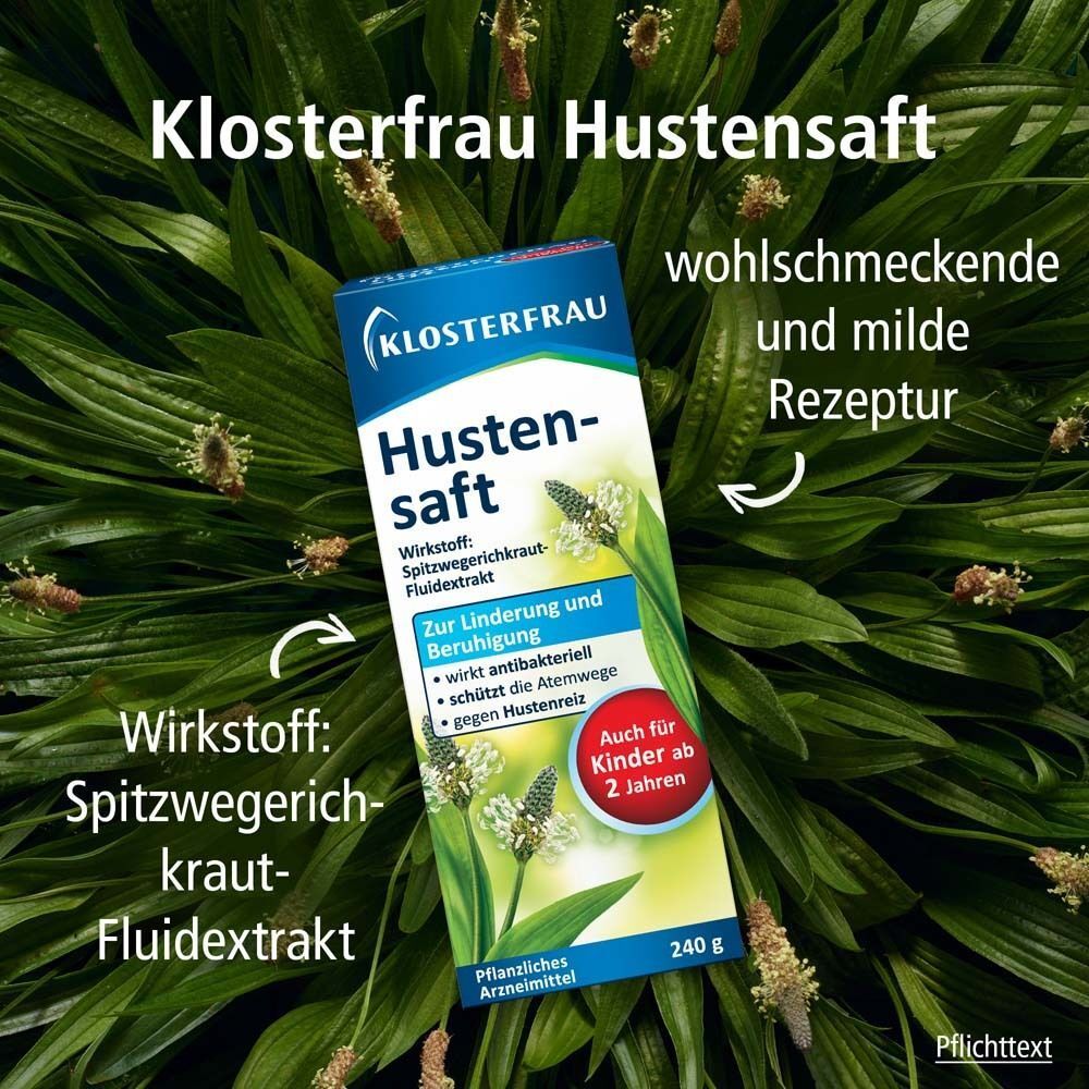 Produktverpackung mit Hustensaft. Text: Zur Linderung und Beruhigung. Wirkstoff: Spitzwegerichkraut-Fluidextrakt.