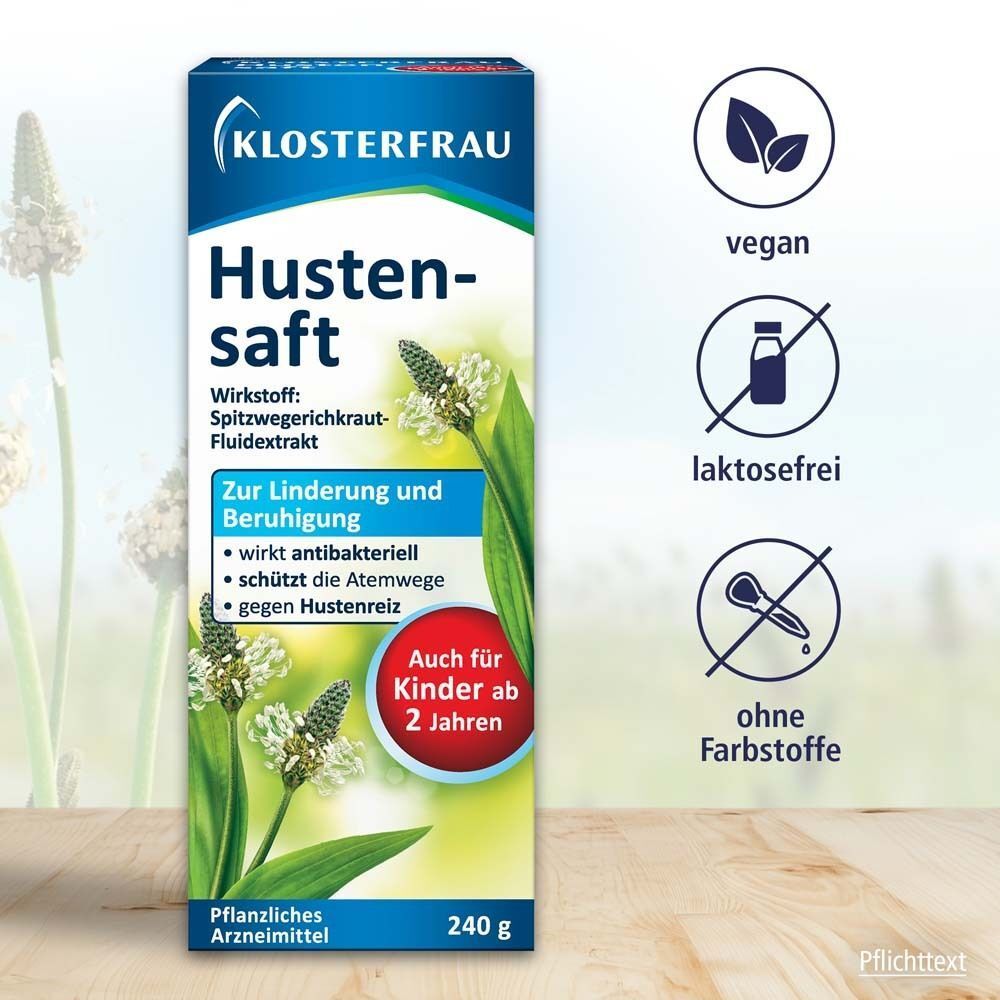 Produktverpackung mit Hustensaft. Text: Zur Linderung und Beruhigung. Vegan, laktosefrei, ohne Farbstoffe.