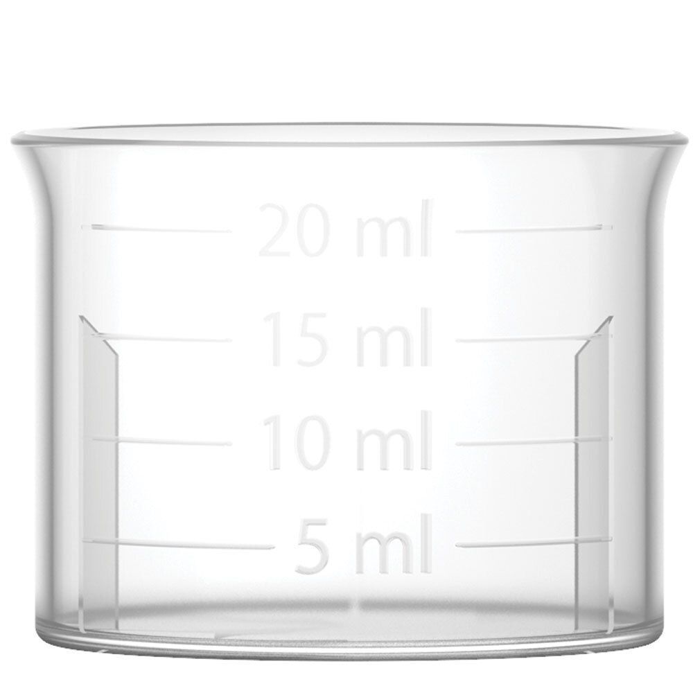 Transparenter Messbecher mit ml-Skala. Markierungen für 5, 10, 15 und 20 ml.