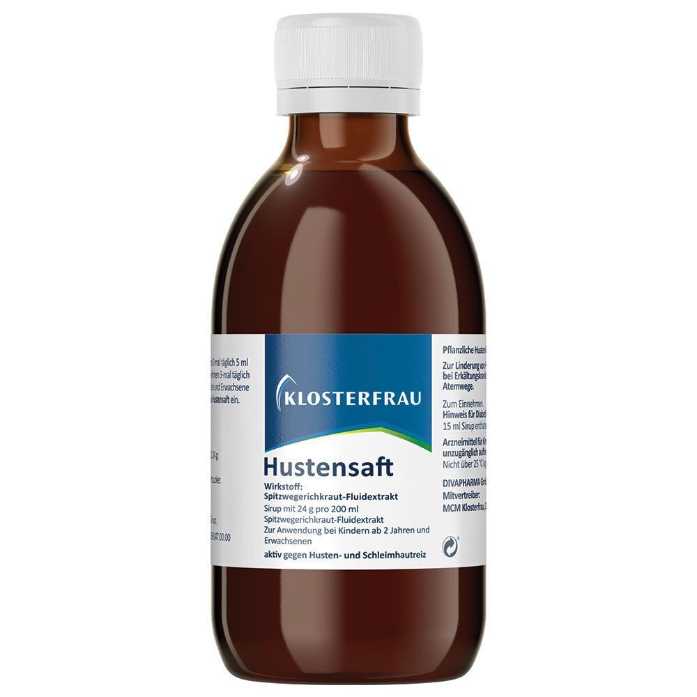 Braune Flüssigkeit in einer Glasflasche. Produktname und Informationen auf dem Etikett.