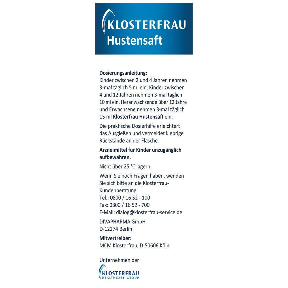 Text: Dosierungsanleitung für Kinder und Erwachsene. Kontaktinformationen und Herstellerangaben.