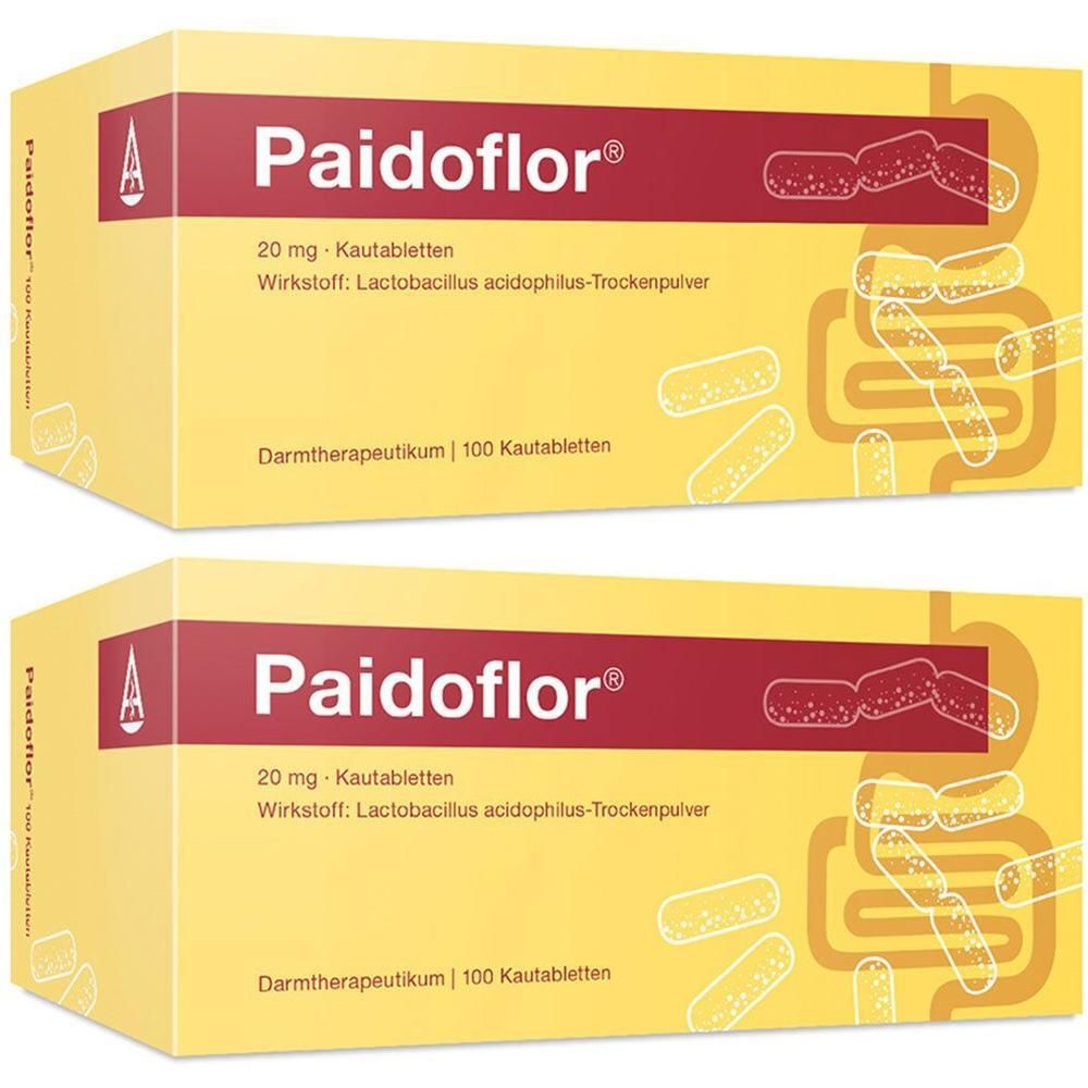 Zwei Packungen Paidoflor Kautabletten. Gelbe Schachteln mit roter Schrift. Aufdruck: 20 mg, 100 Tabletten. Abbildung des Darms.