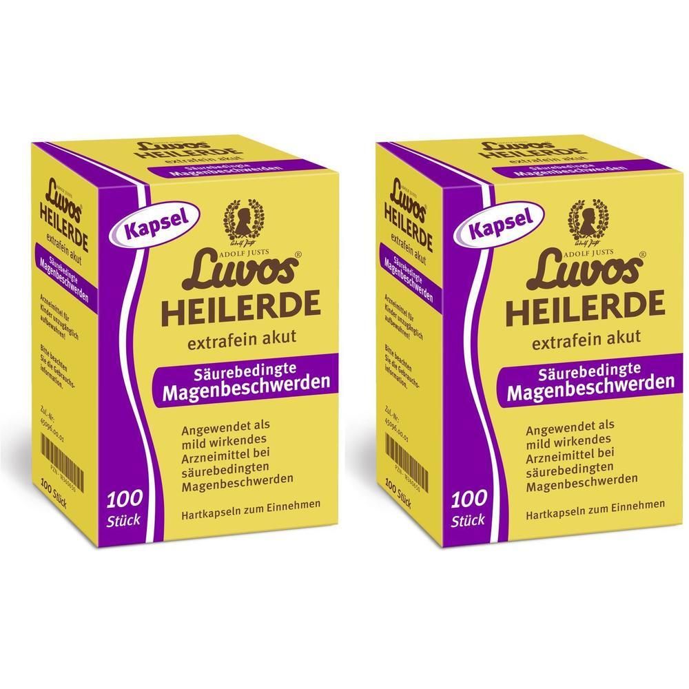 Zwei gelbe Kartons mit lila Akzenten. Aufschrift: Luvos Heilerde extrafein akut, Säurebedingte Magenbeschwerden. 100 Stück.