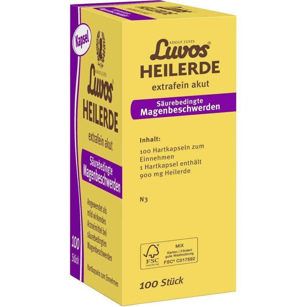 Gelber Karton mit lila Akzenten. Aufschrift: Luvos Heilerde extrafein akut, Säurebedingte Magenbeschwerden. 100 Stück. FSC-Siegel.