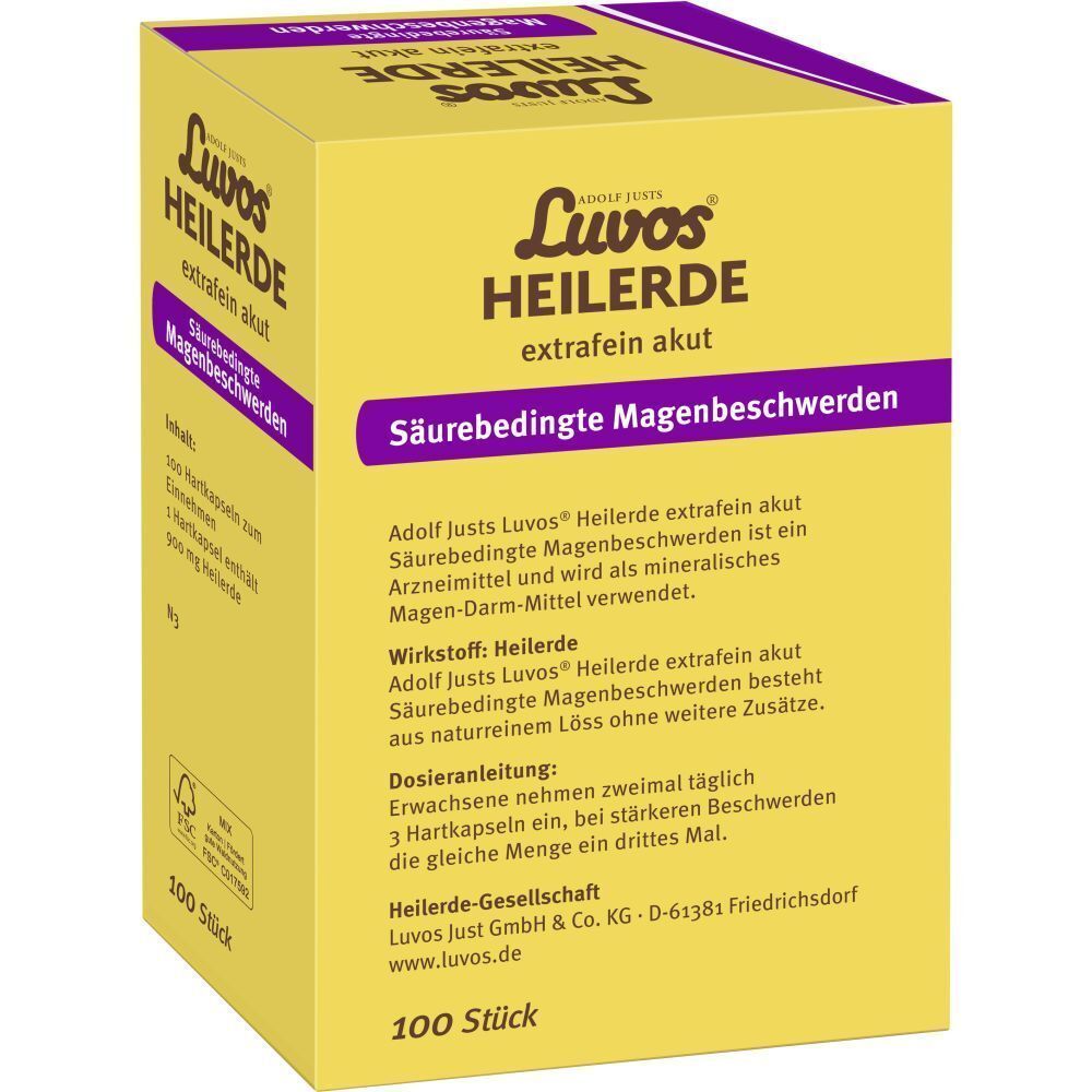 Gelber Karton mit lila Akzenten. Aufschrift: Luvos Heilerde extrafein akut, Säurebedingte Magenbeschwerden. Text auf der Seite. 100 Stück.
