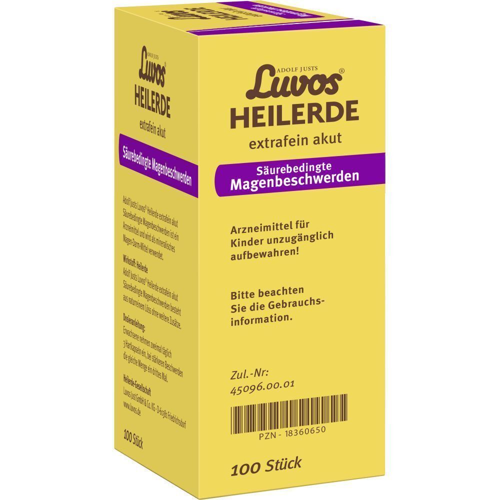 Gelber Karton mit lila Akzenten. Aufschrift: Luvos Heilerde extrafein akut, Säurebedingte Magenbeschwerden. 100 Stück. Text.