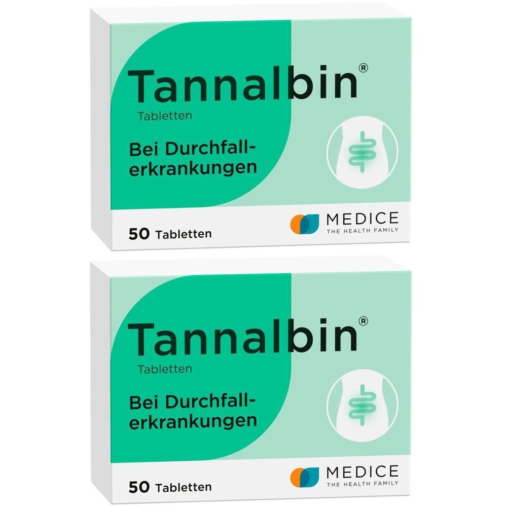 Zwei Schachteln Tannalbin Tabletten. Aufschrift: Bei Durchfallerkrankungen. 50 Tabletten. Logo: MEDICE THE HEALTH FAMILY.