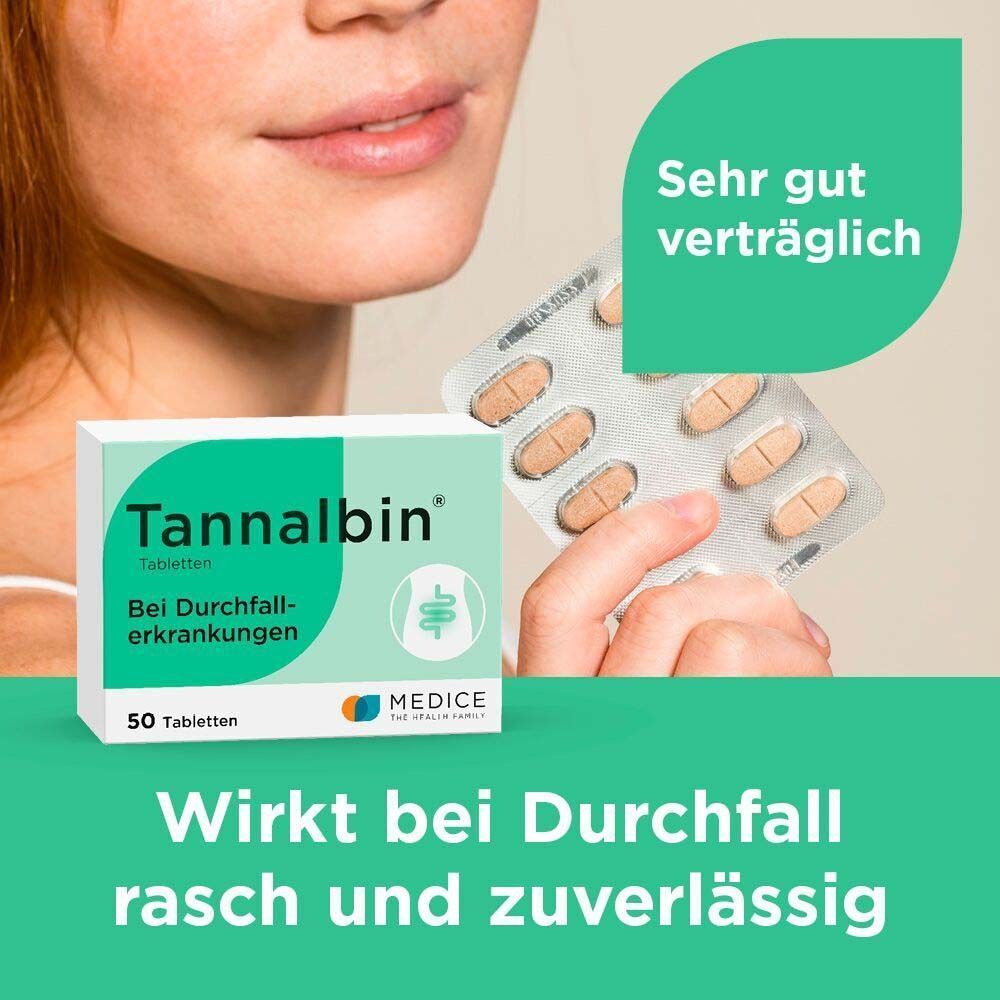 Schachtel Tannalbin Tabletten und Blister. Text: Wirkt bei Durchfall rasch und zuverlässig. Sehr gut verträglich. 50 Tabletten.