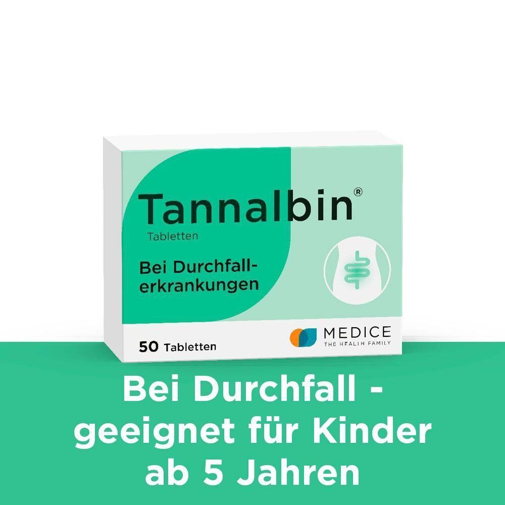 Schachtel Tannalbin Tabletten. Text: Bei Durchfall - geeignet für Kinder ab 5 Jahren. 50 Tabletten. Logo: MEDICE THE HEALTH FAMILY.
