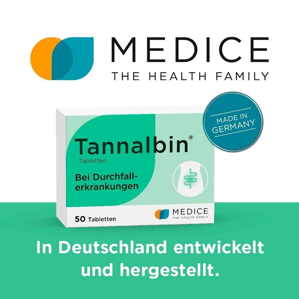 Schachtel Tannalbin Tabletten. Text: In Deutschland entwickelt und hergestellt. 50 Tabletten. Logo: MEDICE THE HEALTH FAMILY. Made in Germany.