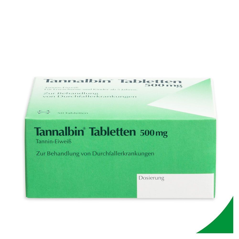 Schachtel Tannalbin Tabletten 500mg. Text: Zur Behandlung von Durchfallerkrankungen. Tannin-Eiweiß. Dosierung.