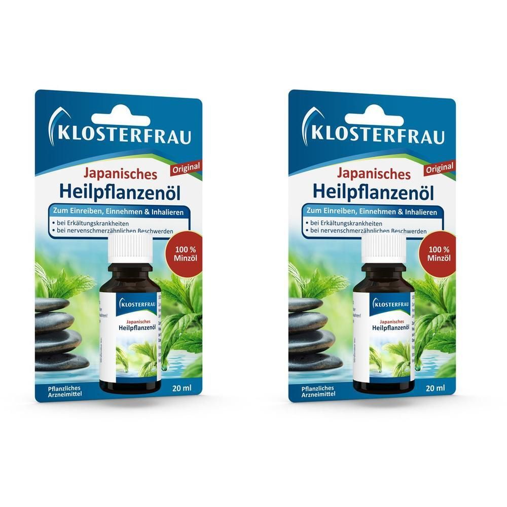 Zwei Packungen Klosterfrau Japanisches Heilpflanzenöl. Flasche mit 20 ml. Aufschrift: Zum Einreiben, Einnehmen & Inhalieren.