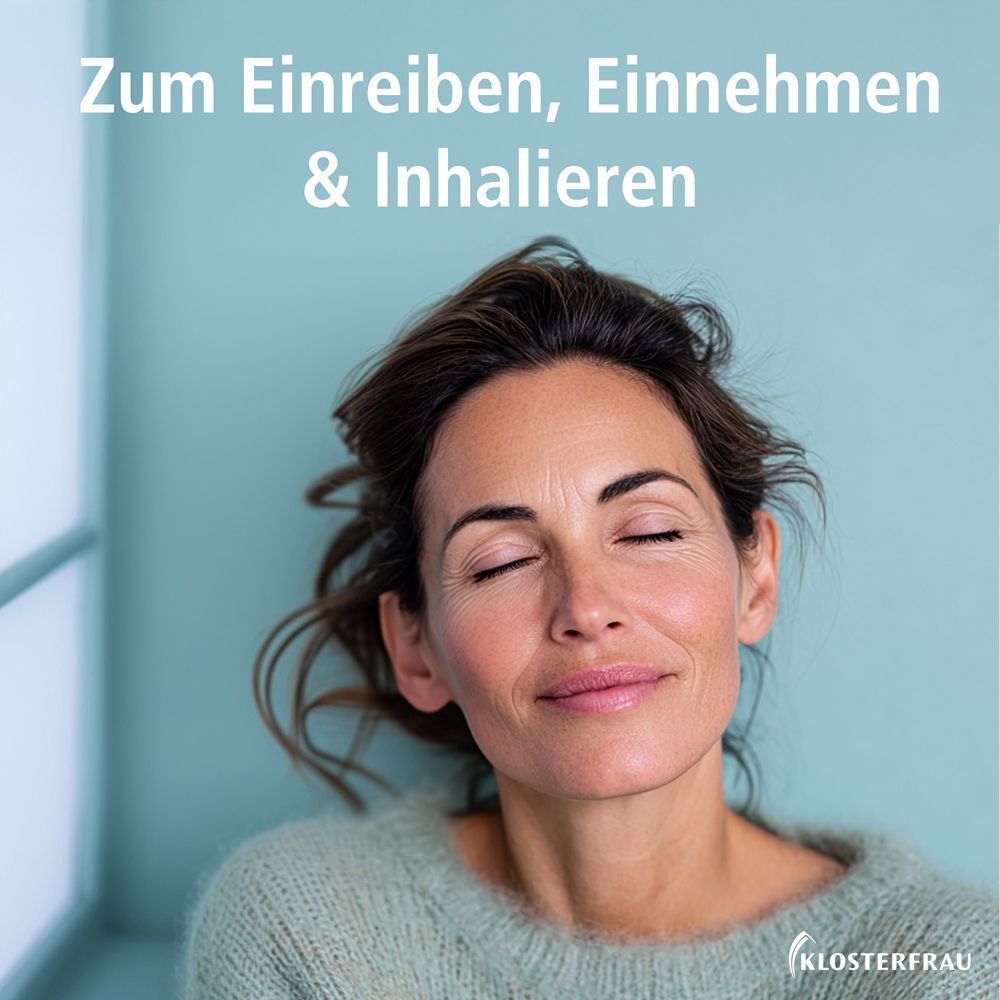 Frau mit geschlossenen Augen. Text: Zum Einreiben, Einnehmen & Inhalieren. Hintergrund: Türkis.