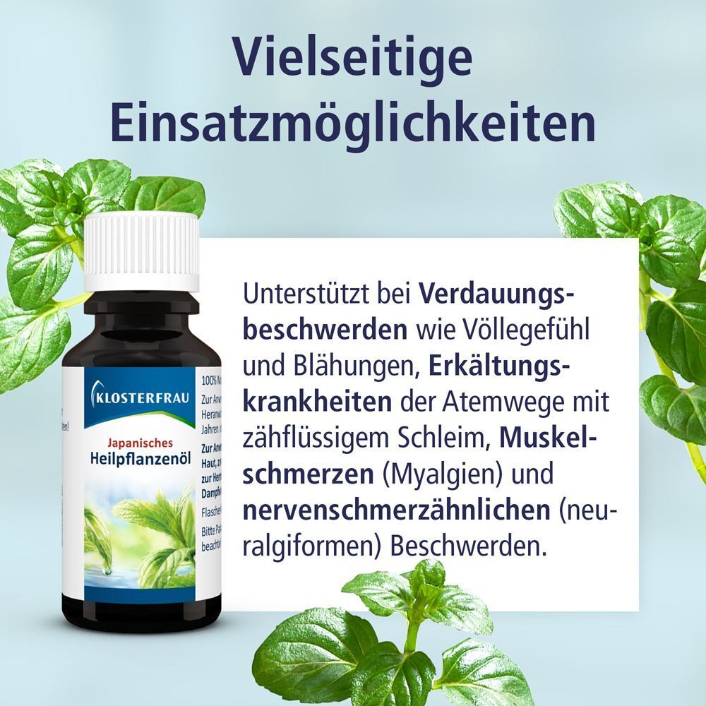 Flasche Klosterfrau Japanisches Heilpflanzenöl. Text: Vielseitige Einsatzmöglichkeiten. Text auf weißem Hintergrund.