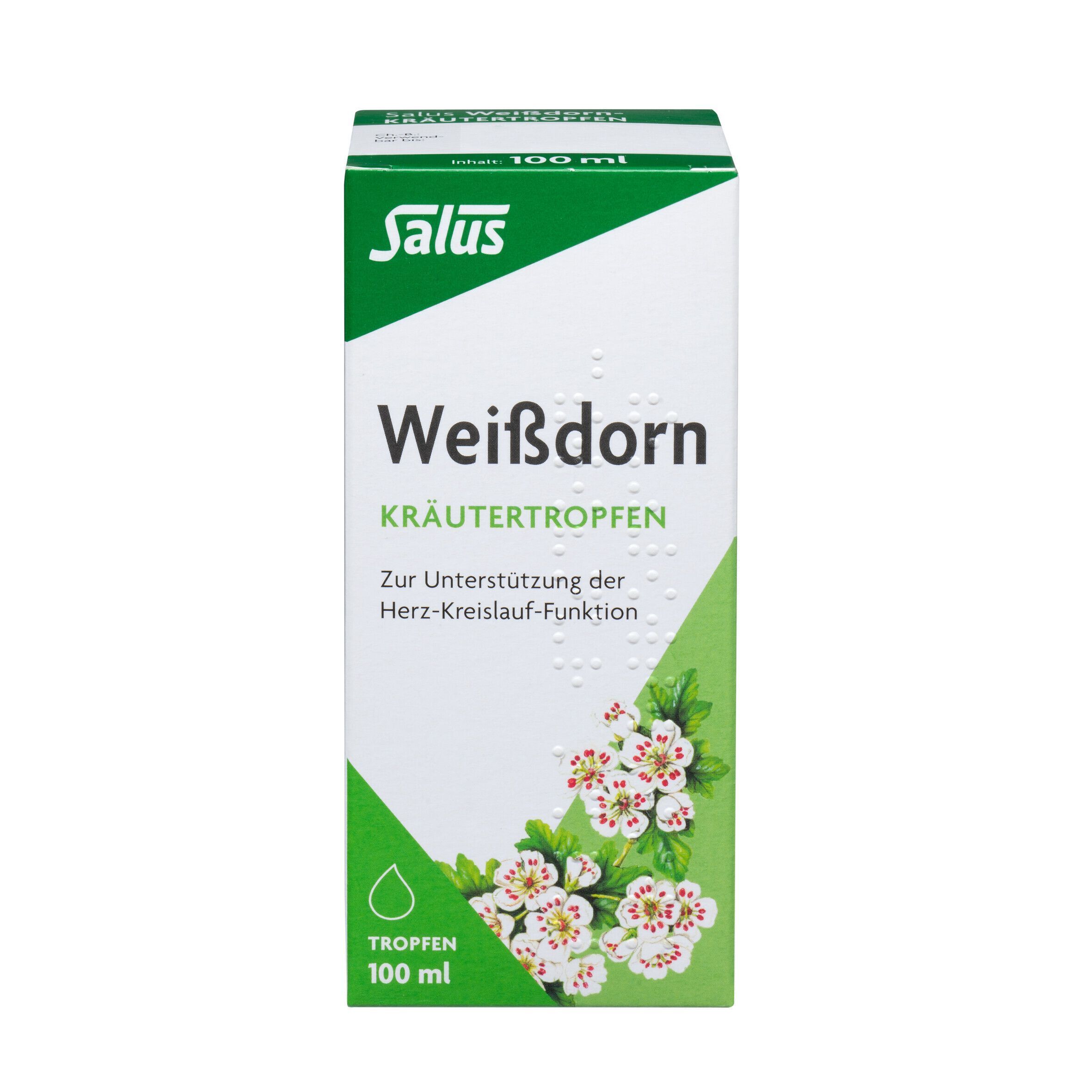Salus Weißdorn-Kräutertropfen-Verpackung. Weißer Karton mit grünem Akzent, floralem Design und Produktinformationen.