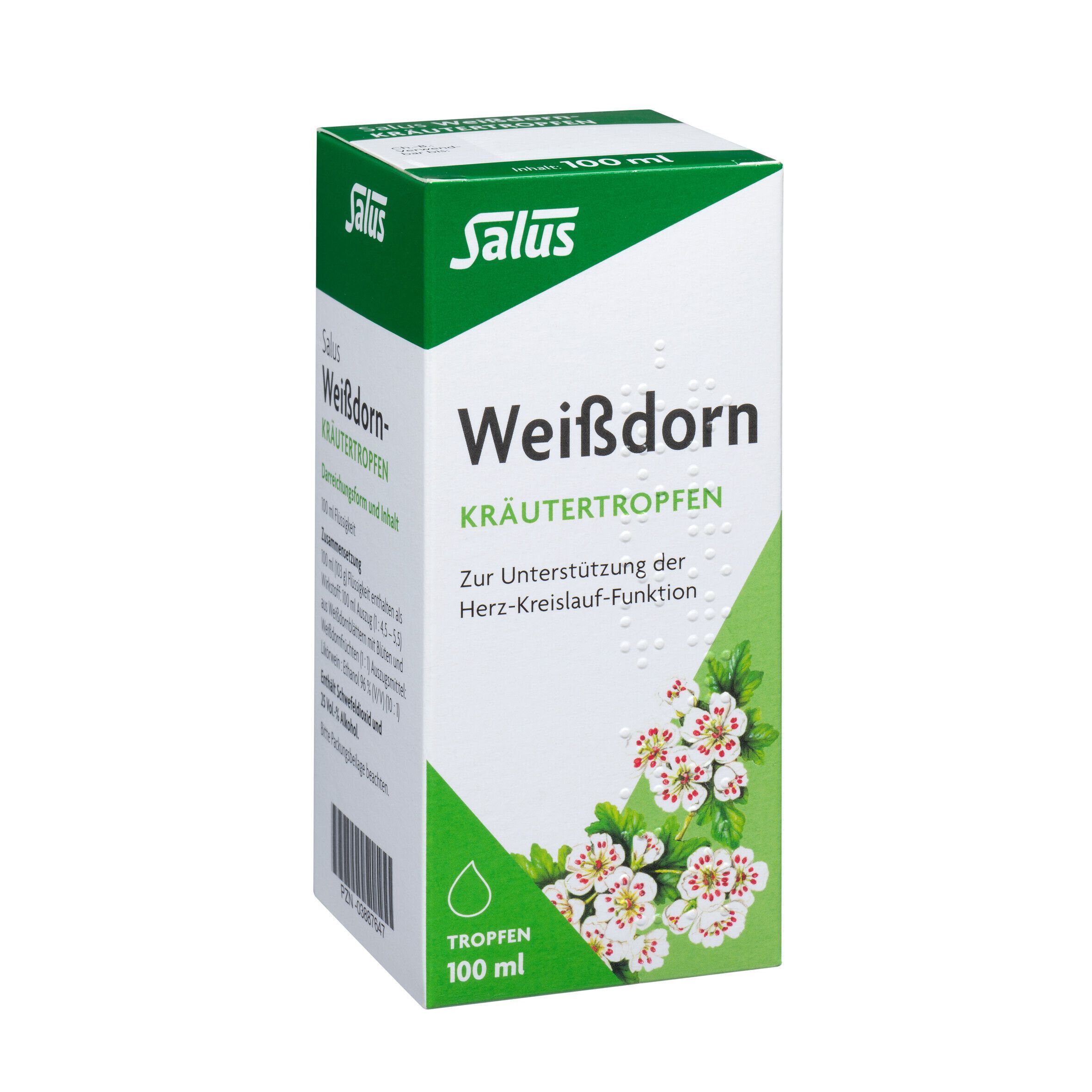 Salus Weißdorn-Kräutertropfen-Verpackung. Weißer Karton mit grünem Akzent, floralem Design und Produktinformationen.