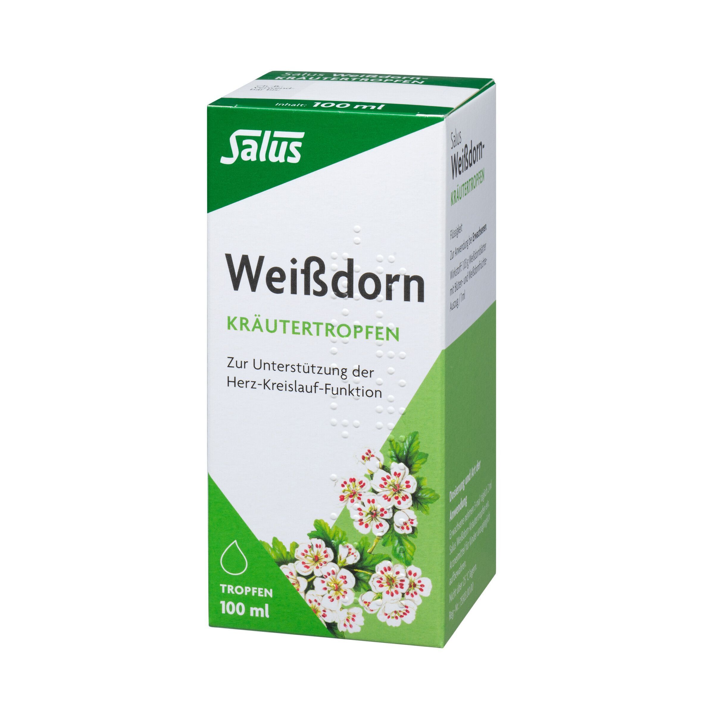 Salus Weißdorn-Kräutertropfen-Verpackung. Weißer Karton mit grünem Akzent, floralem Design und Produktinformationen.