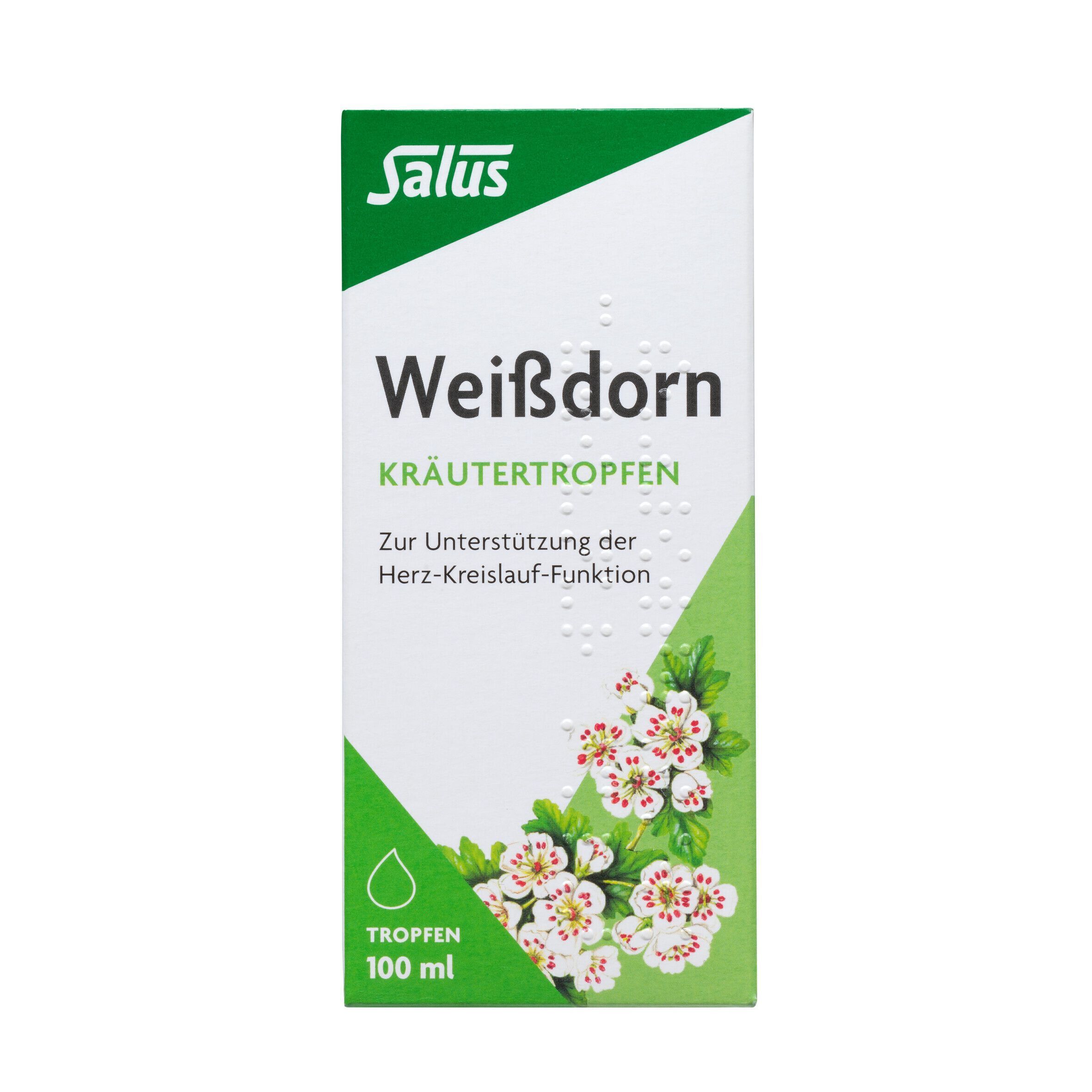 Salus Weißdorn-Kräutertropfen-Verpackung. Weißer Karton mit grünem Akzent, floralem Design und Produktinformationen.