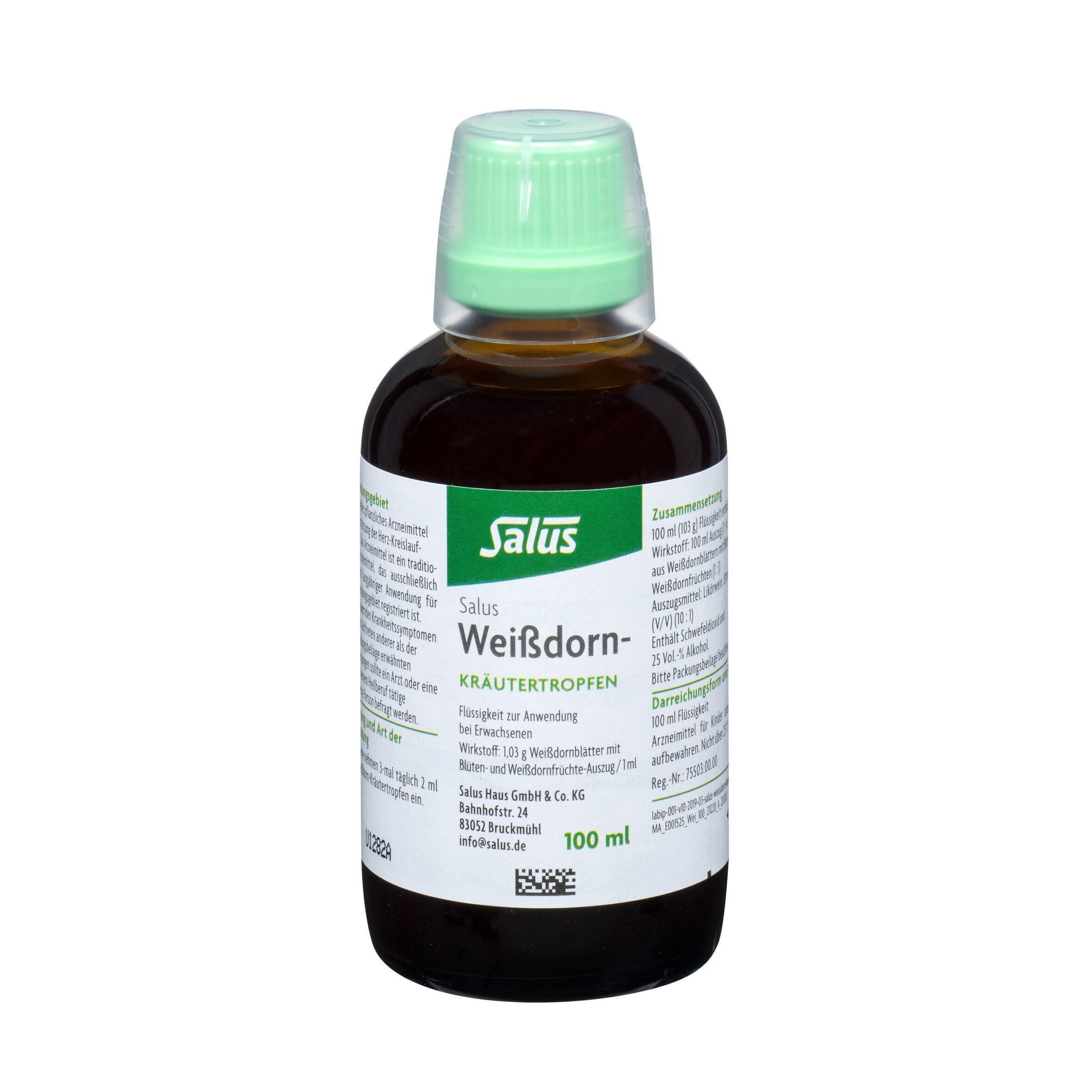 Salus Weißdorn-Kräutertropfen-Flasche. Braune Flüssigkeit in einer Glasflasche mit grünem Deckel. Produktinformationen.