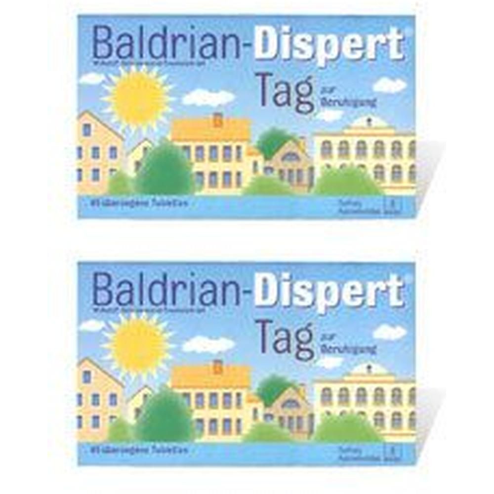 Zwei Packungen Baldrian-Dispert Tag. Blaue Verpackung mit Stadtlandschaft und Sonne. Schriftzug: Tag zur Beruhigung.
