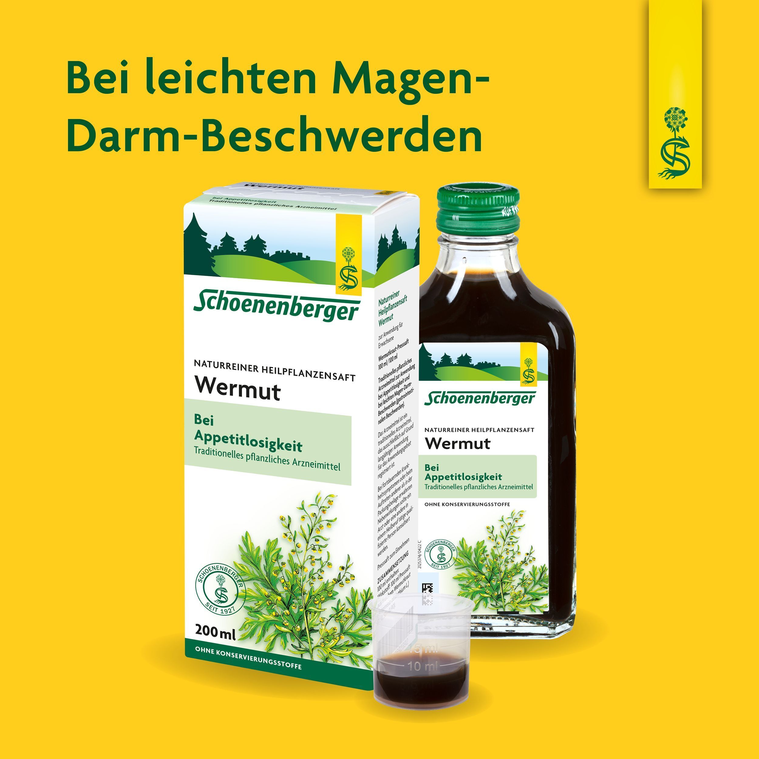 Produktflasche und Verpackung. Gelber Hintergrund. Text: Bei leichten Magen-Darm-Beschwerden. Messbecher.
