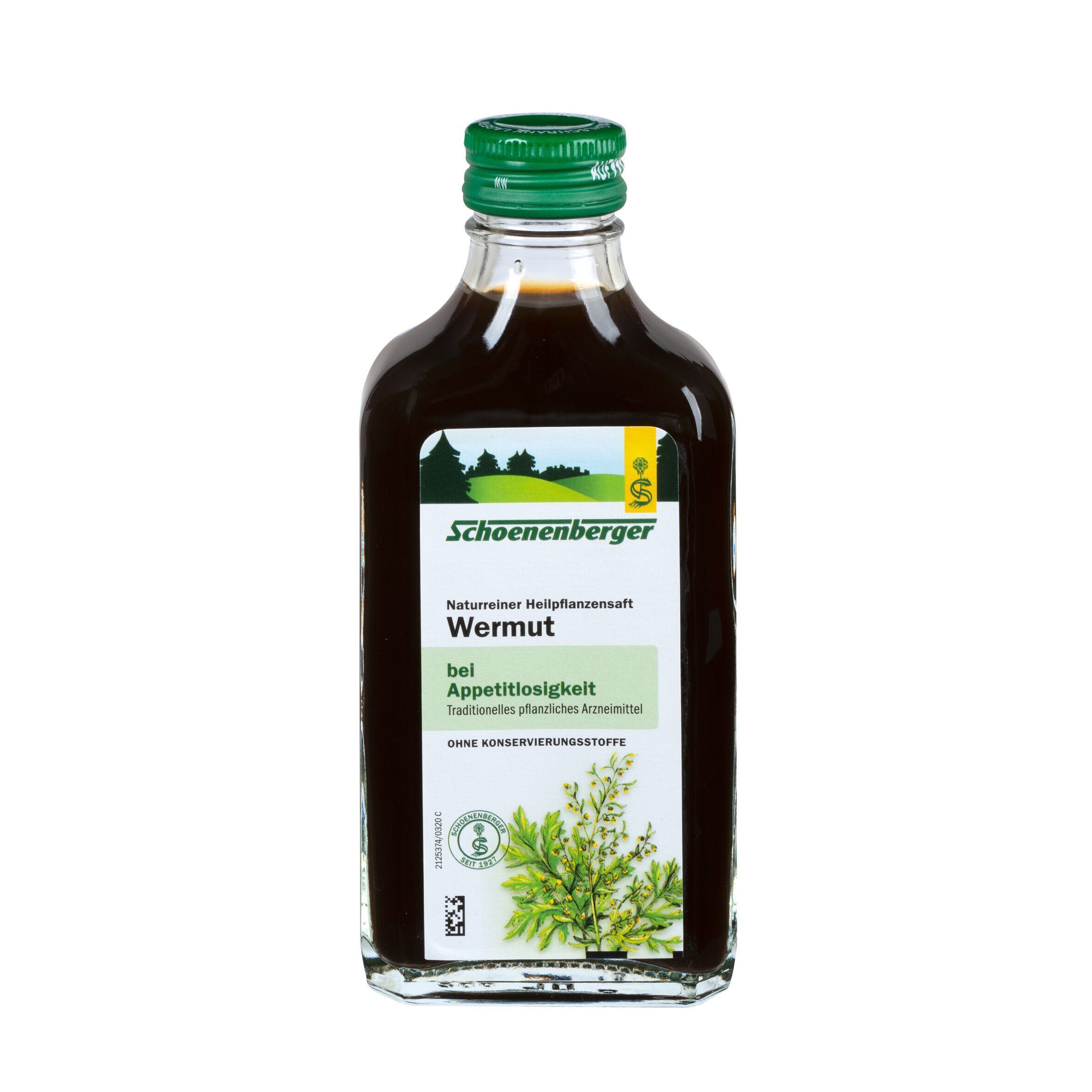 Produktflasche mit grünem Verschluss. Braune Flüssigkeit. Weißer Hintergrund.