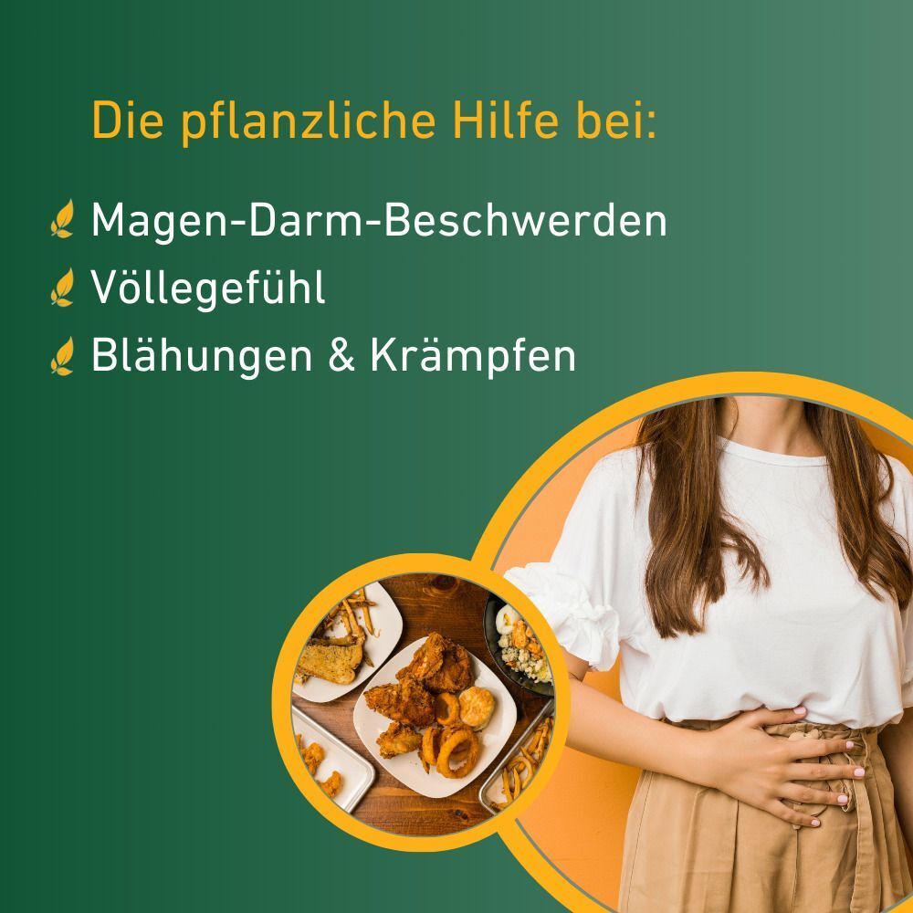 Frau mit Bauchschmerzen. Text: Die pflanzliche Hilfe bei: Magen-Darm-Beschwerden, Völlegefühl, Blähungen & Krämpfen. Teller mit Essen.