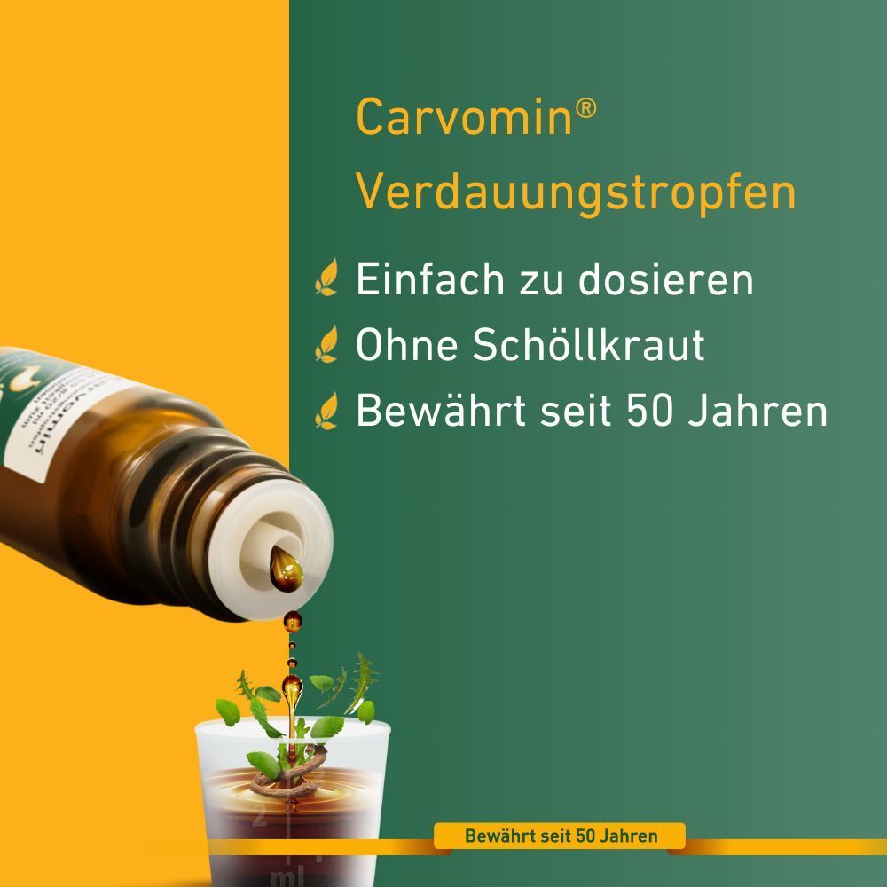 Carvomin® Verdauungstropfen werden in ein Glas gegossen. Text: Einfach zu dosieren, ohne Schöllkraut, bewährt seit 50 Jahren.