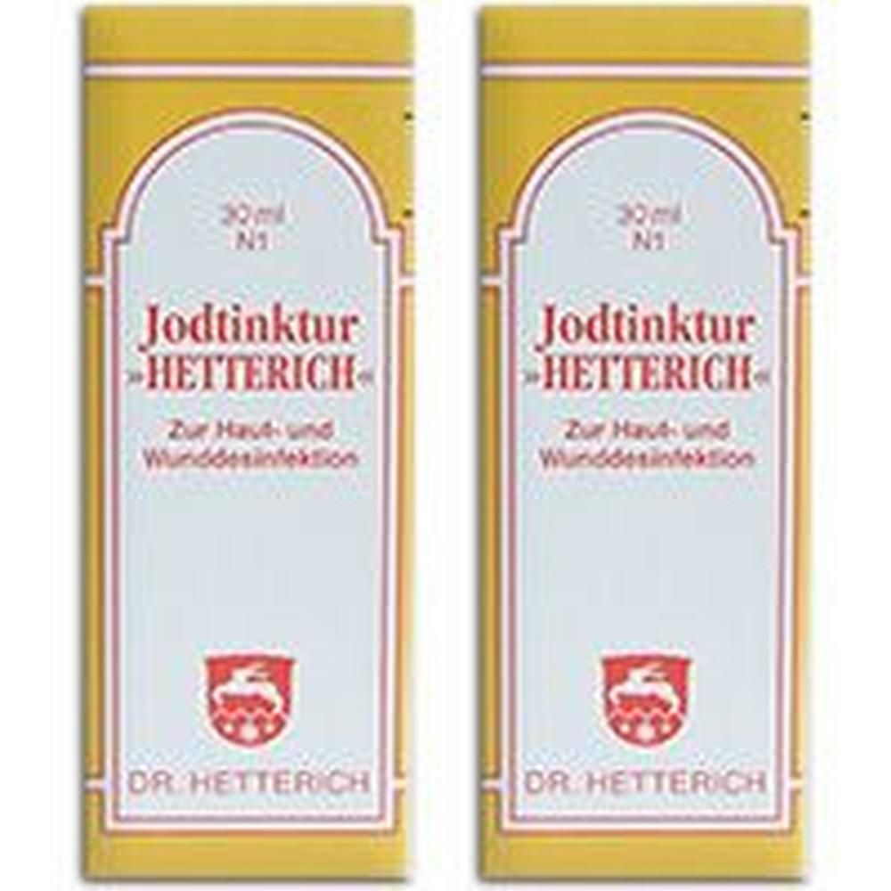 Zwei rechteckige Schachteln. Aufschrift: Jodtinktur Hetterich. Zur Haut- und Wunddesinfektion. Logo mit Hase. Marke: Dr. Hetterich.