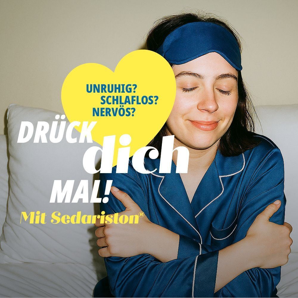 Frau umarmt sich. Gelbes Herz mit Text: Unruhig? Schlaflos? Nervös? Drück dich mal! Mit Sedariston®.