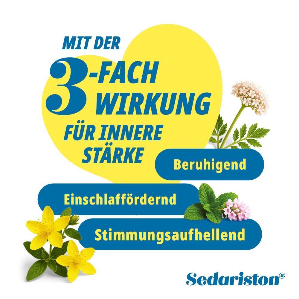 Gelber Kreis mit Text: Mit der 3-fach Wirkung für innere Stärke. Beruhigend, einschlaffördernd, stimmungsaufhellend. Sedariston®.