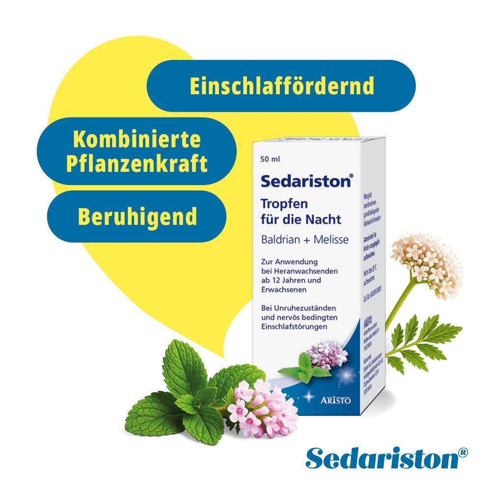 Sedariston® Tropfen für die Nacht. Text: Kombinierte Pflanzenkraft, beruhigend, einschlaffördernd. Mit Baldrian und Melisse.