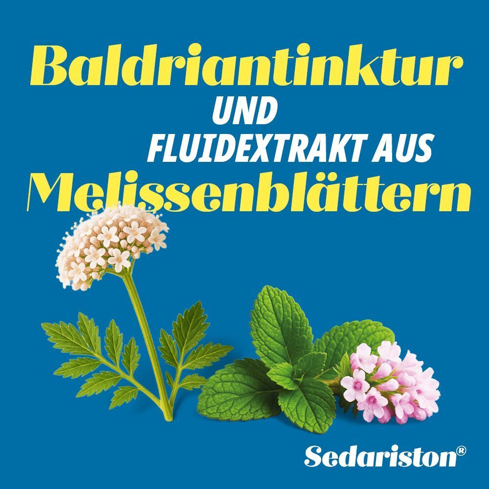 Text: Baldriantinktur und Fluidextrakt aus Melissenblättern. Pflanzenabbildungen und Sedariston® Logo.