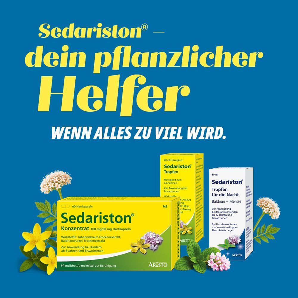 Sedariston® Produkte: Konzentrat und Tropfen. Text: Dein pflanzlicher Helfer, wenn alles zu viel wird. Pflanzenabbildungen.