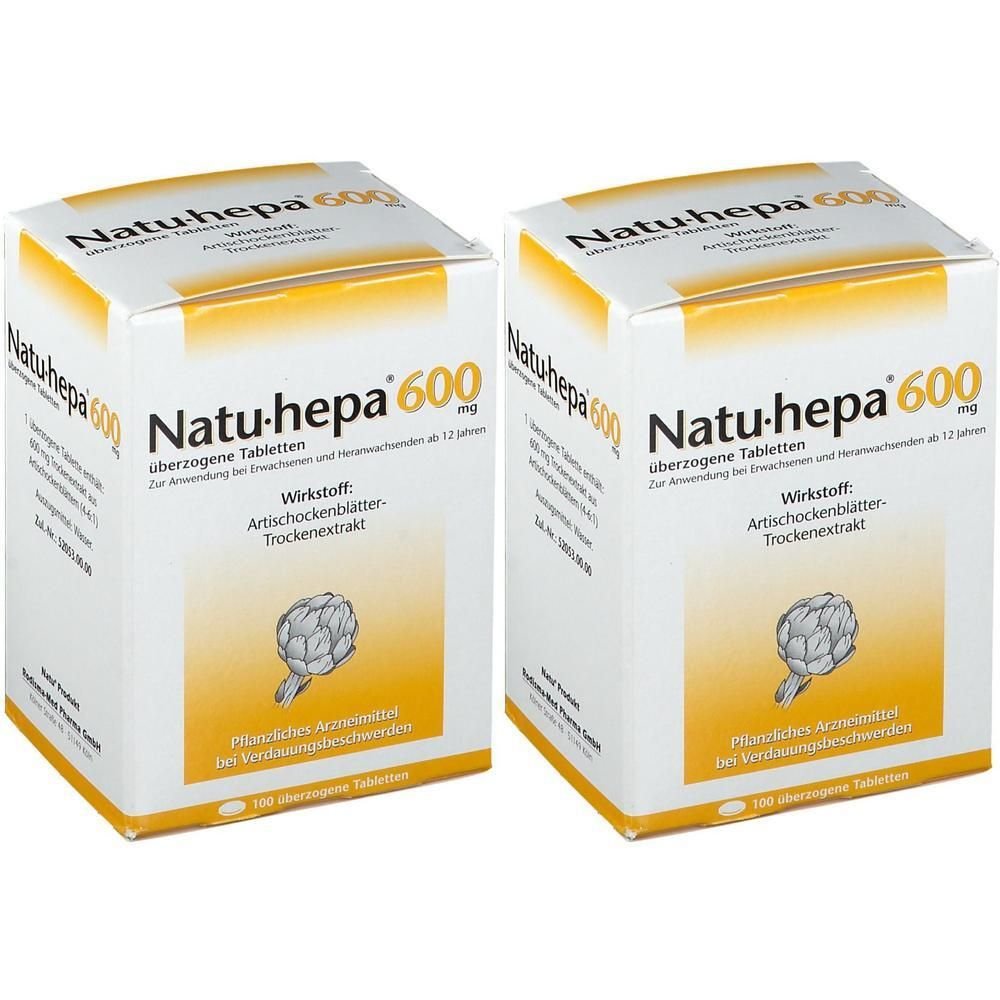 Zwei Schachteln Natu-hepa 600 mg Tabletten. Weiße Verpackung mit gelben Akzenten und Produktinformationen. Artischockenblatt-Illustration.