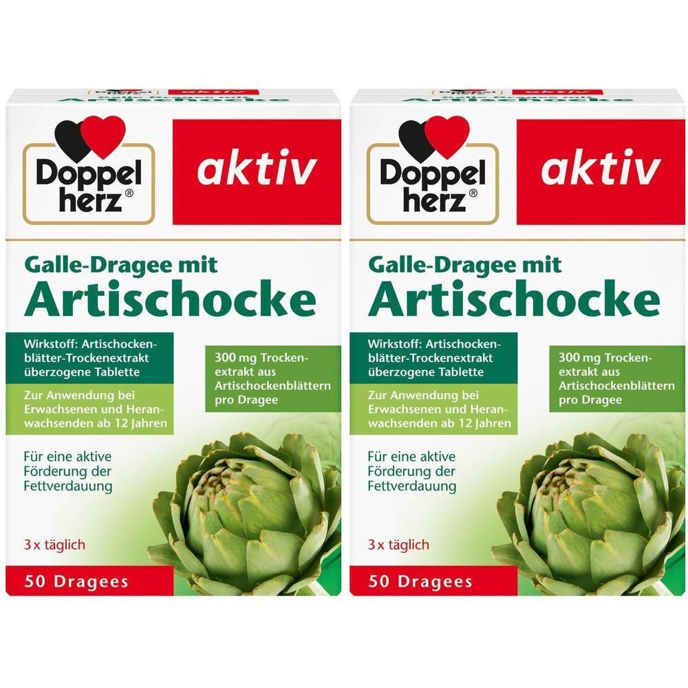 Zwei Packungen Doppelherz Galle-Dragee mit Artischocke. Rote und weiße Verpackung mit Produktnamen und Artischocken-Abbildung. Enthält 50 Dragees.