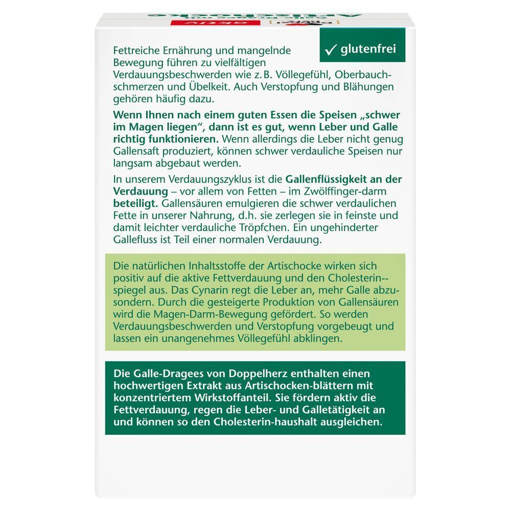 Rückseite der Verpackung von Doppelherz Galle-Dragee mit Artischocke. Textabschnitte über Inhaltsstoffe, Anwendung und Vorteile. Glutenfrei-Symbol.
