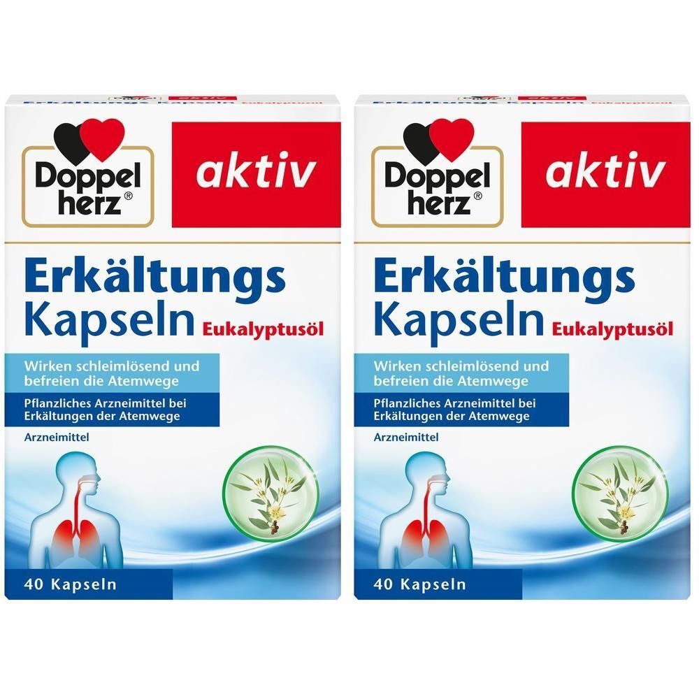 Zwei Packungen Doppelherz Erkältungskapseln mit Eukalyptusöl. Jede Packung enthält 40 Kapseln. Aufdrucke: Logo, Produktname, Wirkweise.