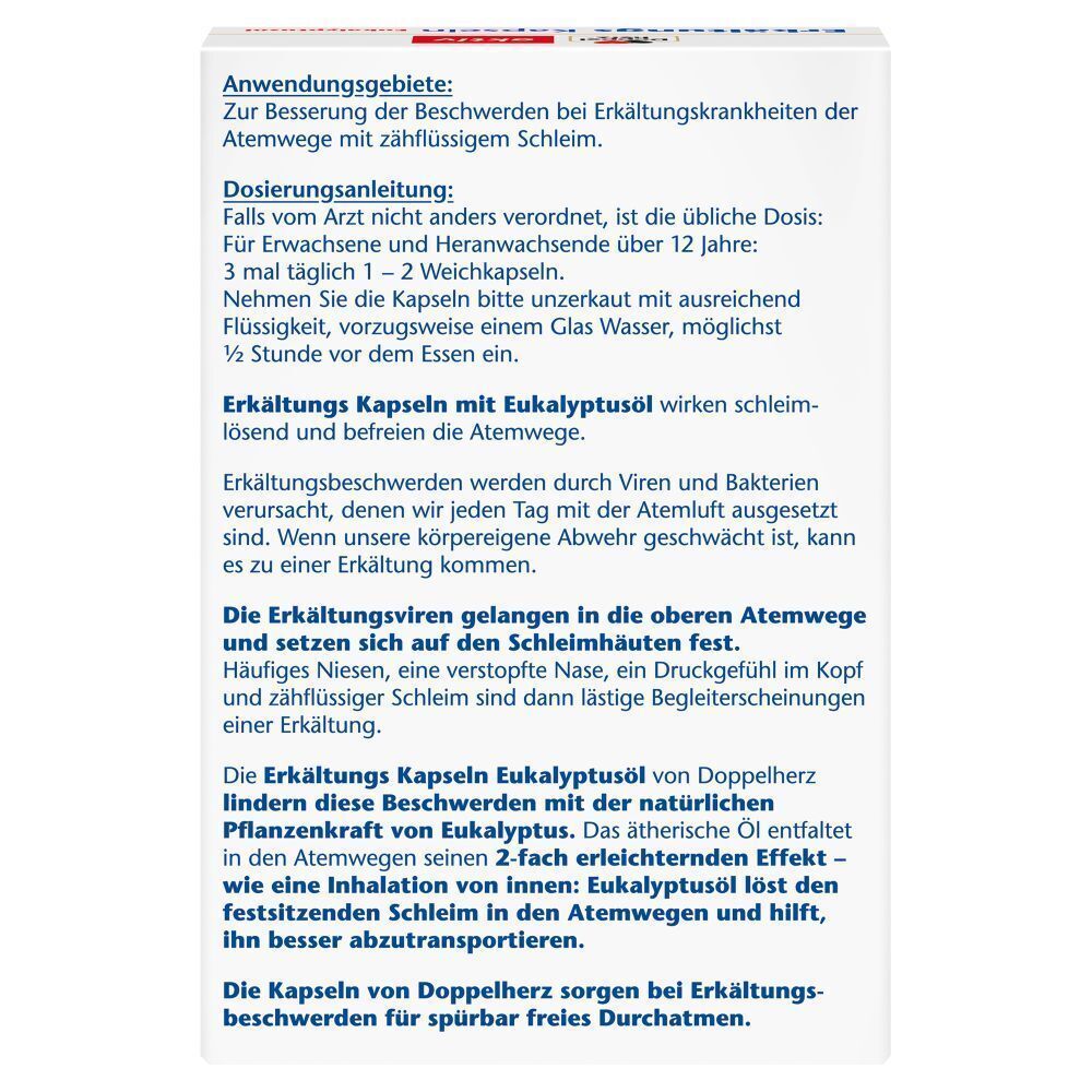 Rückseite der Verpackung von Erkältungskapseln. Text: Anwendungsgebiete, Dosierungsanleitung, Wirkweise, Inhaltsstoffe, Hinweise.