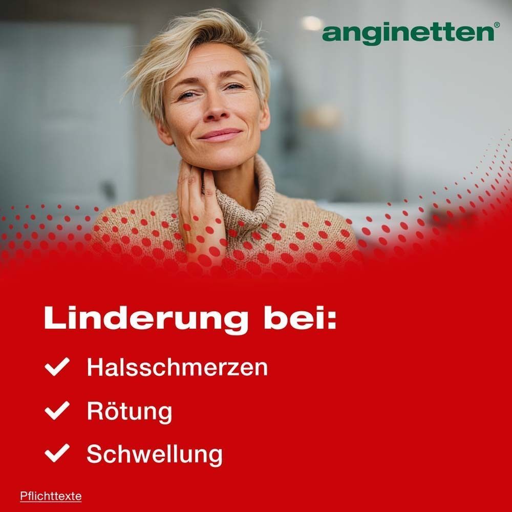 Werbung für anginetten® Halstabletten. Roter Hintergrund mit Frau und Text: Linderung bei Halsschmerzen, Rötung, Schwellung.