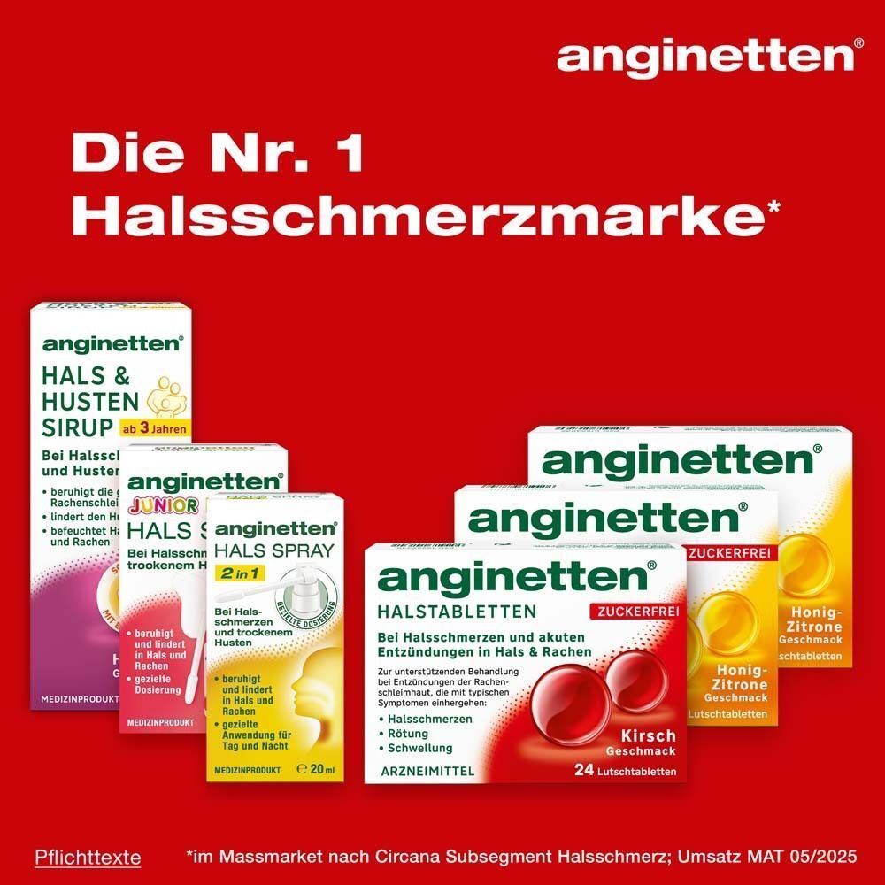 Werbung für anginetten® Produkte. Verschiedene Packungen, darunter Halstabletten, Hustensirup und Spray.
