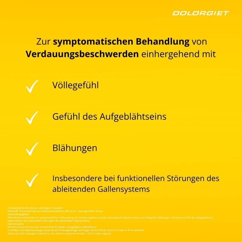 Auf gelbem Hintergrund vier weiße Häkchen mit Text: Völlegefühl, Gefühl des Aufgeblähtseins, Blähungen, funktionelle Störungen.