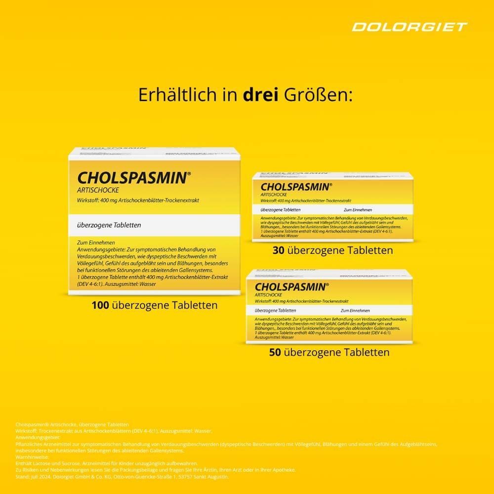 Drei Schachteln Cholspasmin Artischocke in verschiedenen Größen: 100, 50 und 30 überzogene Tabletten. Gelbe Verpackung.