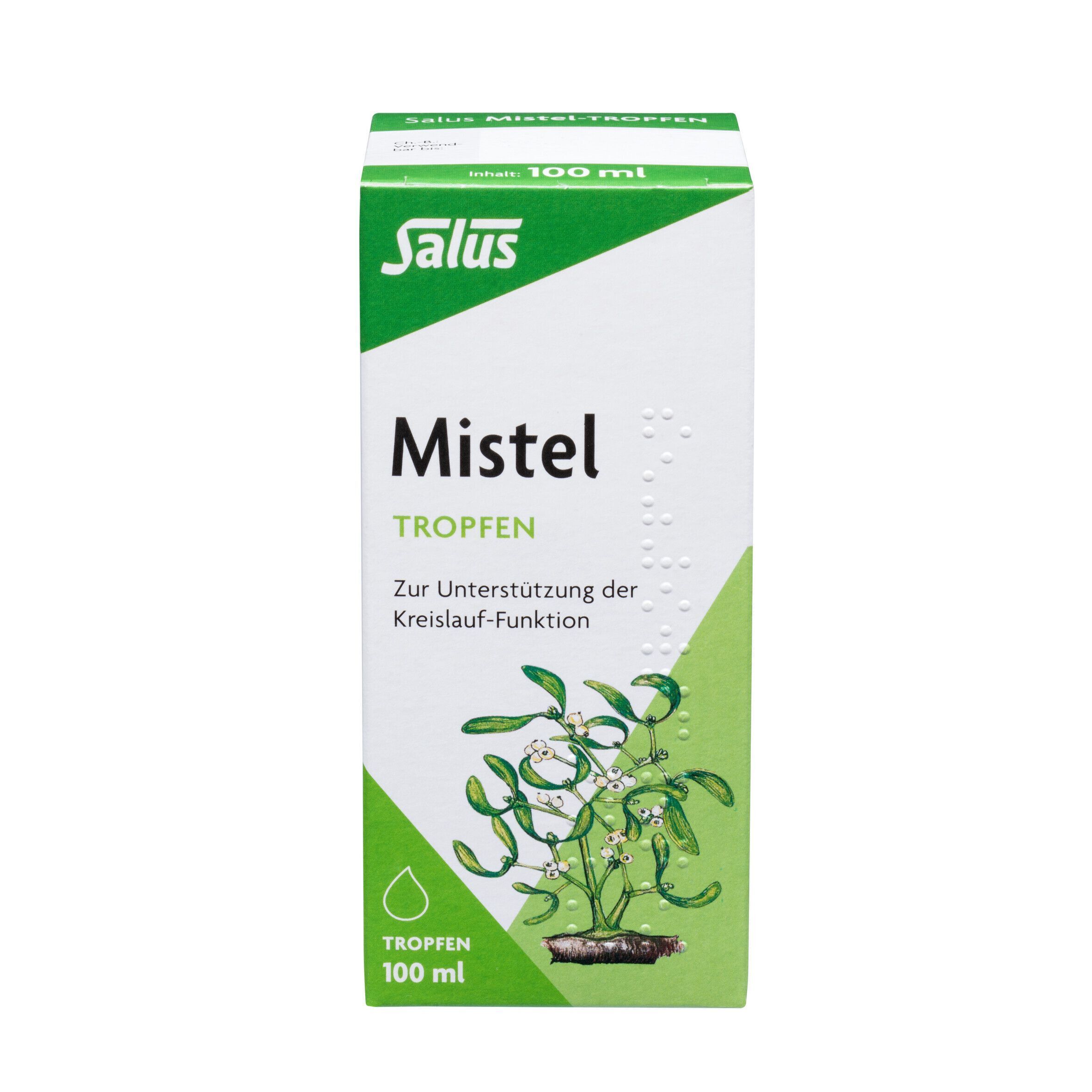 Weiße und grüne Verpackung von Salus Mistel Tropfen. Produktname und Abbildung von Mistelzweigen. Tropfensymbol und Volumenangabe.