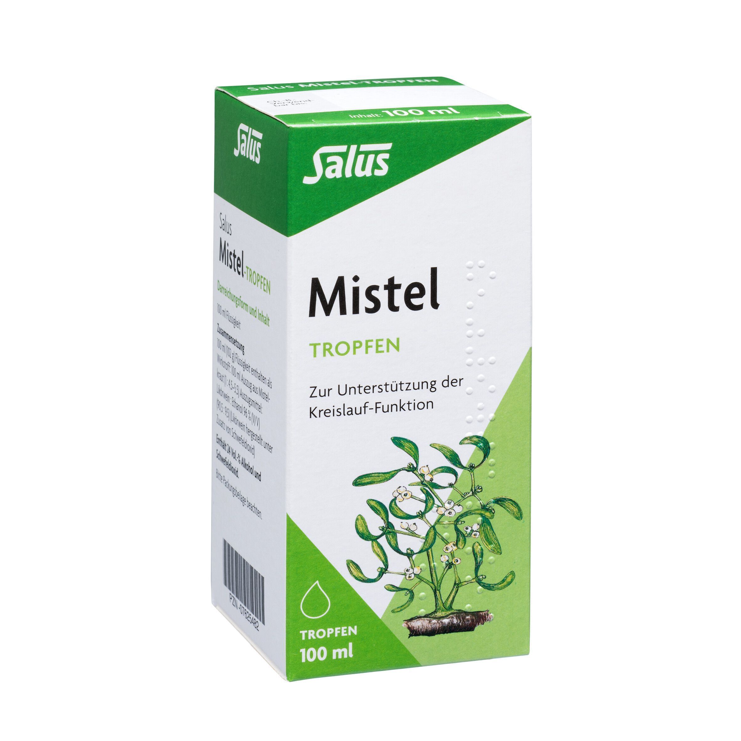 Verpackung von Salus Mistel Tropfen. Weiß und grün mit Produktnamen und Mistel-Illustration. Text in Deutsch. Tropfensymbol und Volumenangabe.