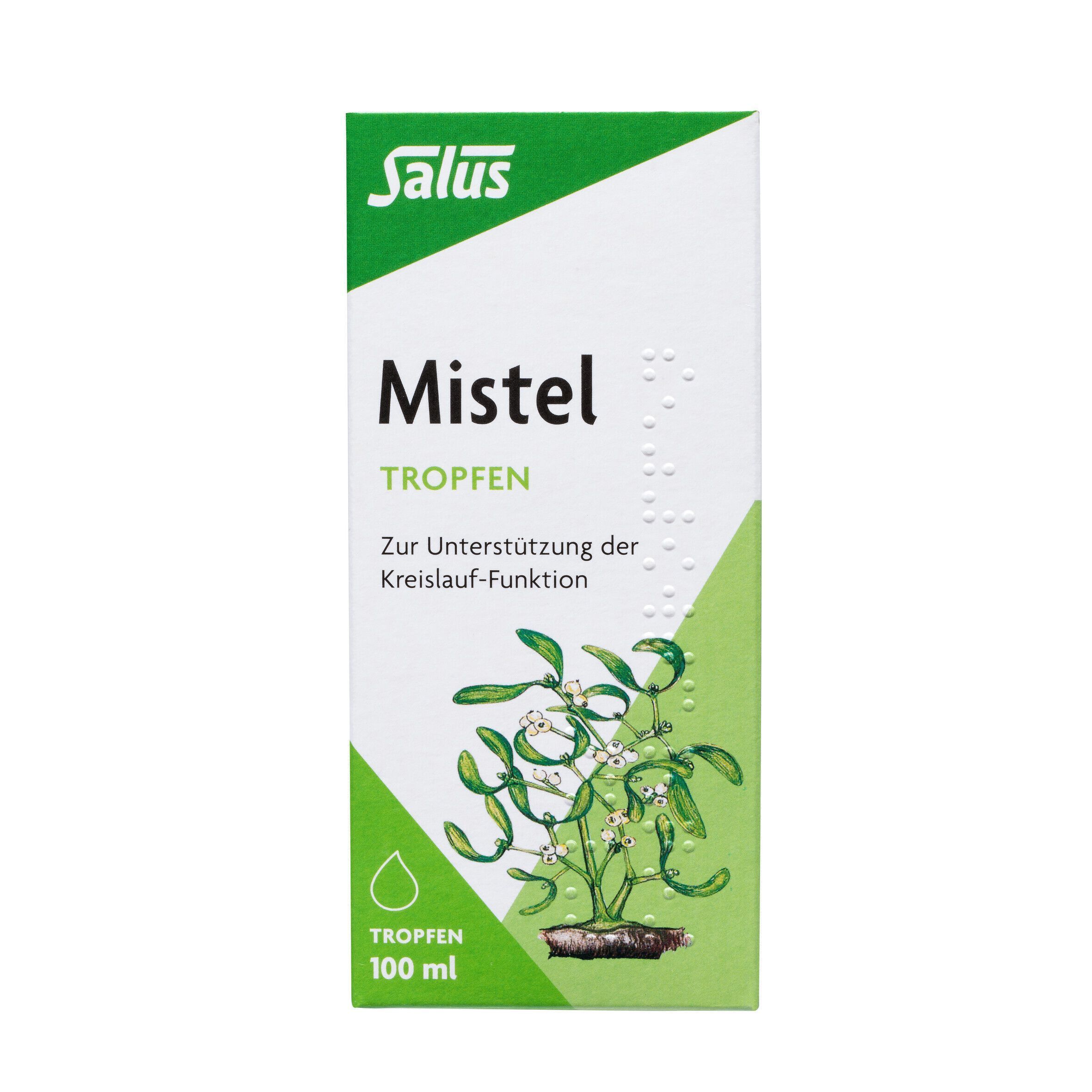 Verpackung von Salus Mistel Tropfen. Weiß und grün mit Produktnamen und Mistel-Illustration. Text in Deutsch. Tropfensymbol und Volumenangabe.