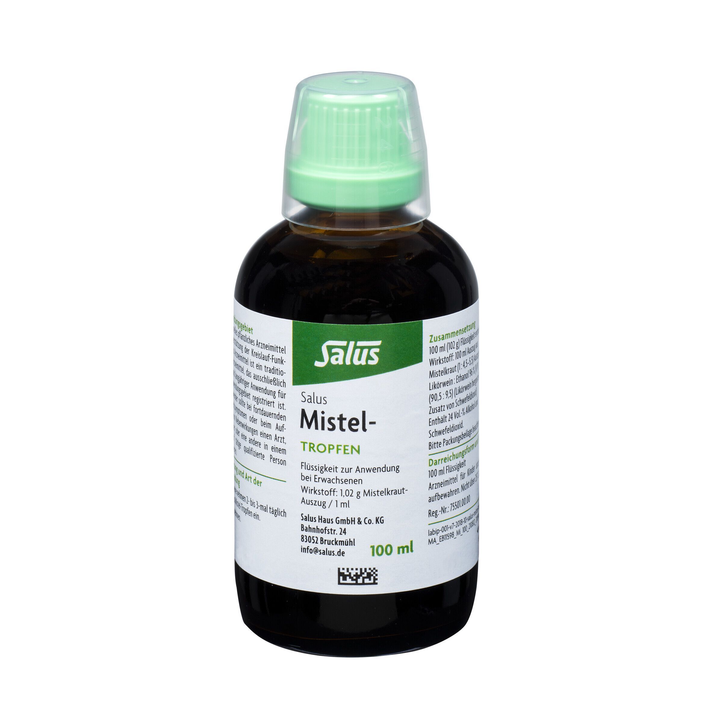 Braune Glasflasche Salus Mistel-Tropfen mit grünem Deckel. Etikett mit Produktnamen und Informationen. Volumenangabe 100 ml.
