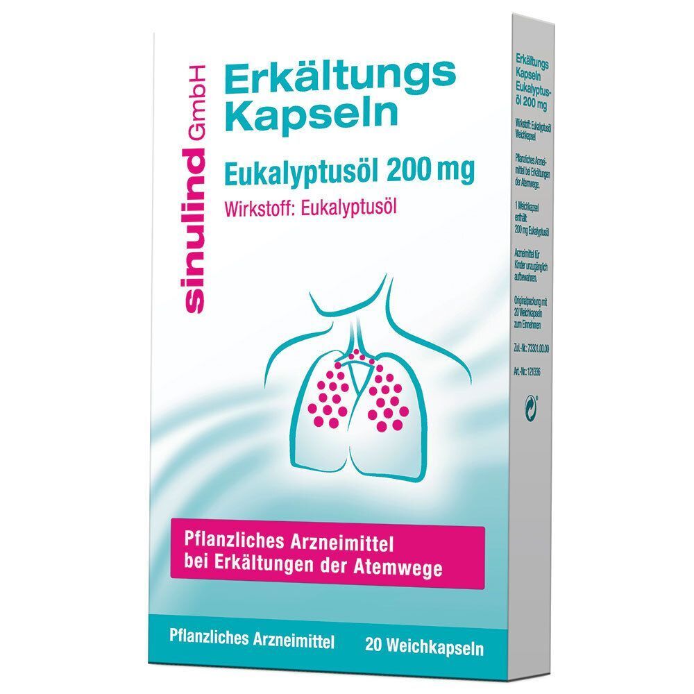 Packung sinulind® Erkältungs Kapseln. Aufdruck: Eukalyptusöl 200 mg, pflanzliches Arzneimittel. 20 Weichkapseln. Abbildung: Lunge.