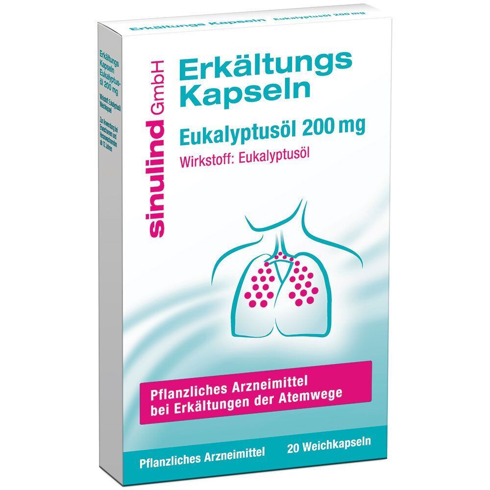 Packung sinulind® Erkältungs Kapseln. Aufdruck: Eukalyptusöl 200 mg, pflanzliches Arzneimittel. 20 Weichkapseln. Abbildung: Lunge.